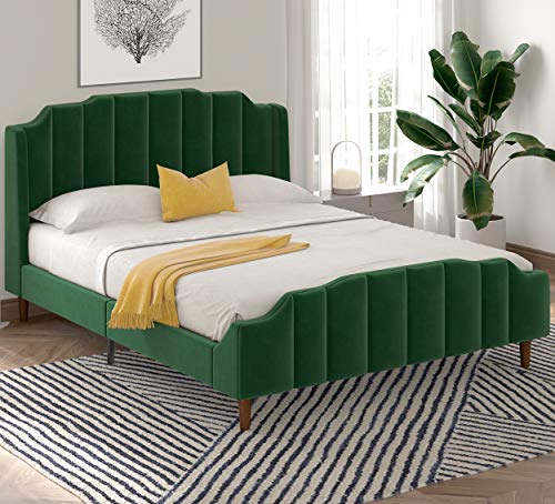 SHA CERLIN Wood Queen Size Bed Frame with Modern Curved Upholstered Wingback Headboard / Heavy Duty Platform Bed with Strong Woo
