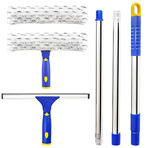 ITTAHO Squeegee for Window Cleaning,12"Squeegee and 11"Microfiber Scrubber Combi with Stainless Steel Pole,Extendable Squeegee W