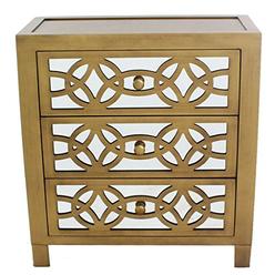 River of Goods Drawer Chest: Womens Glam Slam 3-Drawer Mirrored Wood Nightstand Furniture - Gold