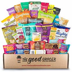 The Good Grocer Deluxe VEGAN Snacks Care Package: Delicious Vegan Jerky, Protein Bars, Cookies, Chips, Puffs, Fruit & Nuts, Healthy Gift Basket 