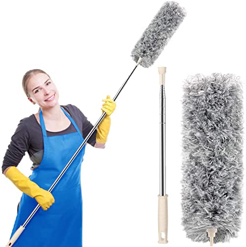FUUNSOO Microfiber Duster for Cleaning with Extension Pole(Stainless Steel), Extra Long 100 inches, with Bendable Head, Extendable Duste