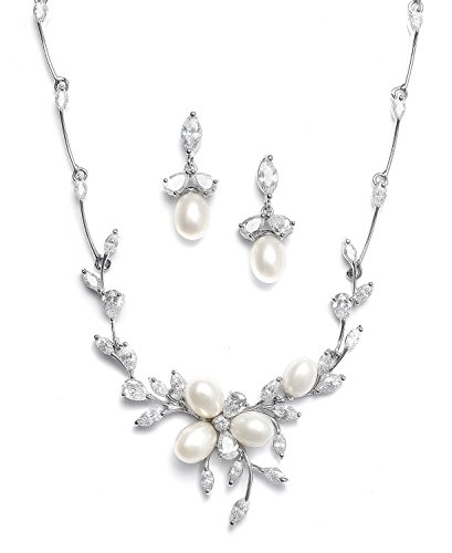 Mariell Genuine Freshwater Pearl & CZ Marquis Necklace Earrings Set Luxury Bridal Jewelry