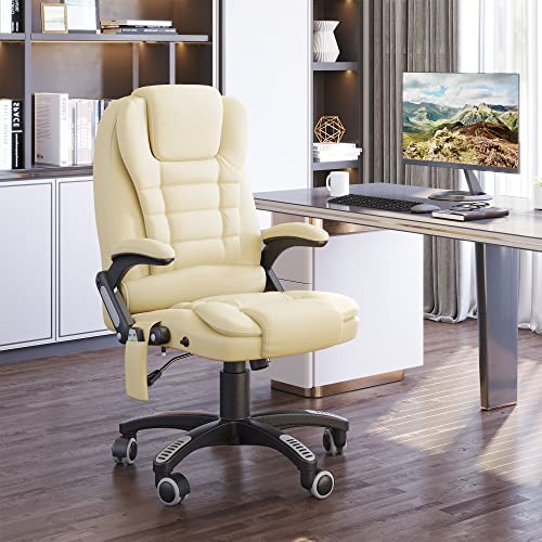 HomCom High Back Faux Leather Adjustable Heated Executive Massage Office Chair - Cream White