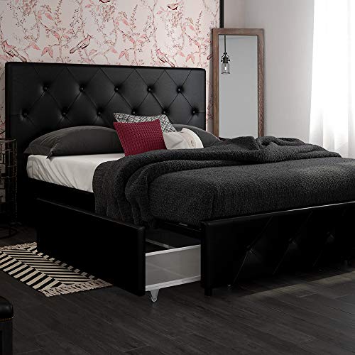 Dorel DHP Dakota Upholstered Faux Leather Platform Bed with Storage Drawers - Queen Size (Black)
