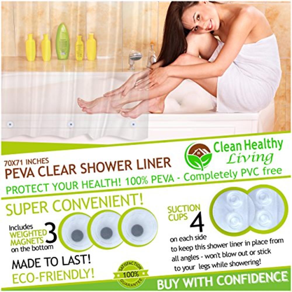 Clean Healthy Living Premium PEVA Clear Shower Curtain Liner with Magnets & Suction Cups - 70 X 71 in. Long