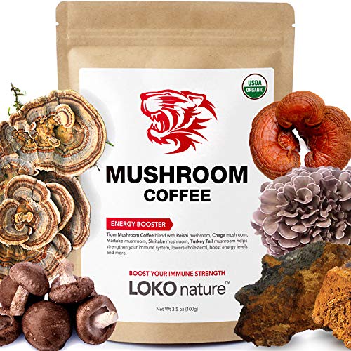 LOKO nature Tiger 5 Mushroom Coffee- Organic Superfood Mushroom Coffee with 100% Arabica, 30 servings, Powerful Natural Ingredients, Antioxi