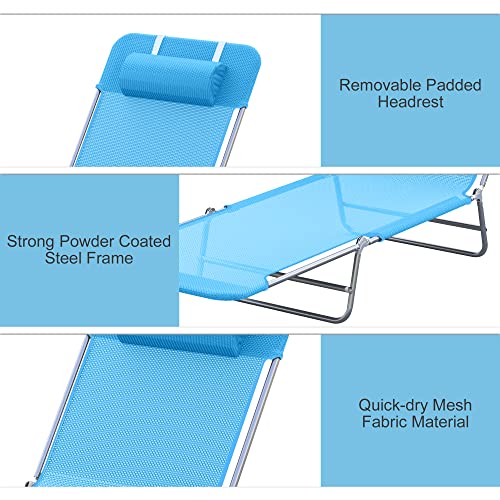 Outsunny Portable Sun Lounger, Folding Chaise Lounge Chair w/Adjustable Backrest & Pillow for Beach, Poolside and Patio, Blue