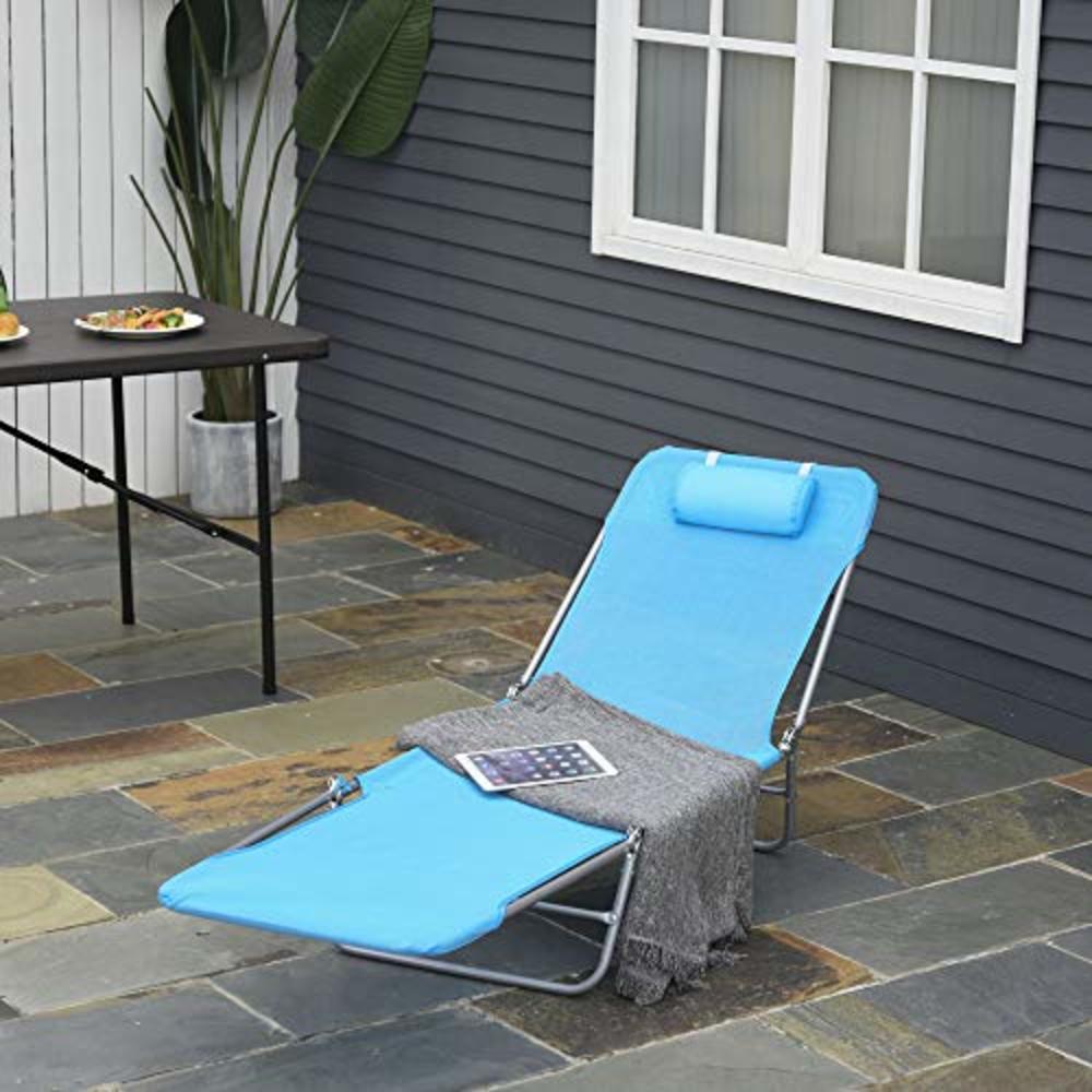 Outsunny Portable Sun Lounger, Folding Chaise Lounge Chair w/Adjustable Backrest & Pillow for Beach, Poolside and Patio, Blue