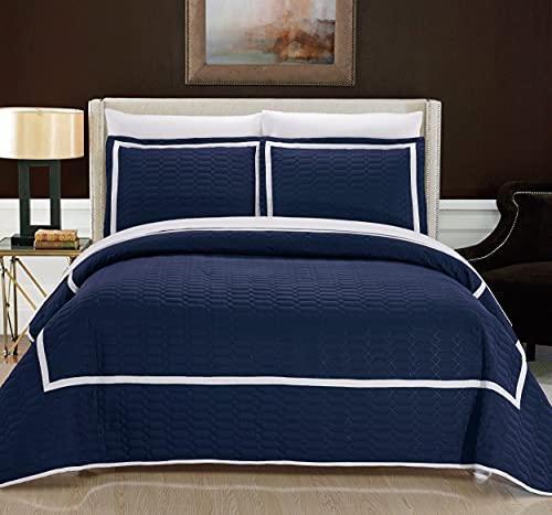 Chic Home Piece Birmingham Hotel Collection 2 Tone Banded Quilt Set, Twin, Navy
