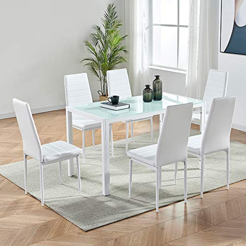 IDS Online Deluxe Glass Dining Table Set 7 Pieces Modern Design With Faux Leather Chair Elegant Style Anti Dirt, White