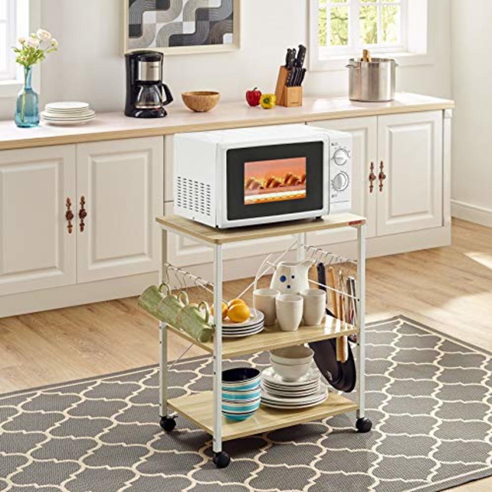 Mr IRONSTONE 3-Tier Kitchen Bakers Rack Utility Microwave Oven Stand Storage Cart Workstation Shelf(Light Beige Top+White Metal 