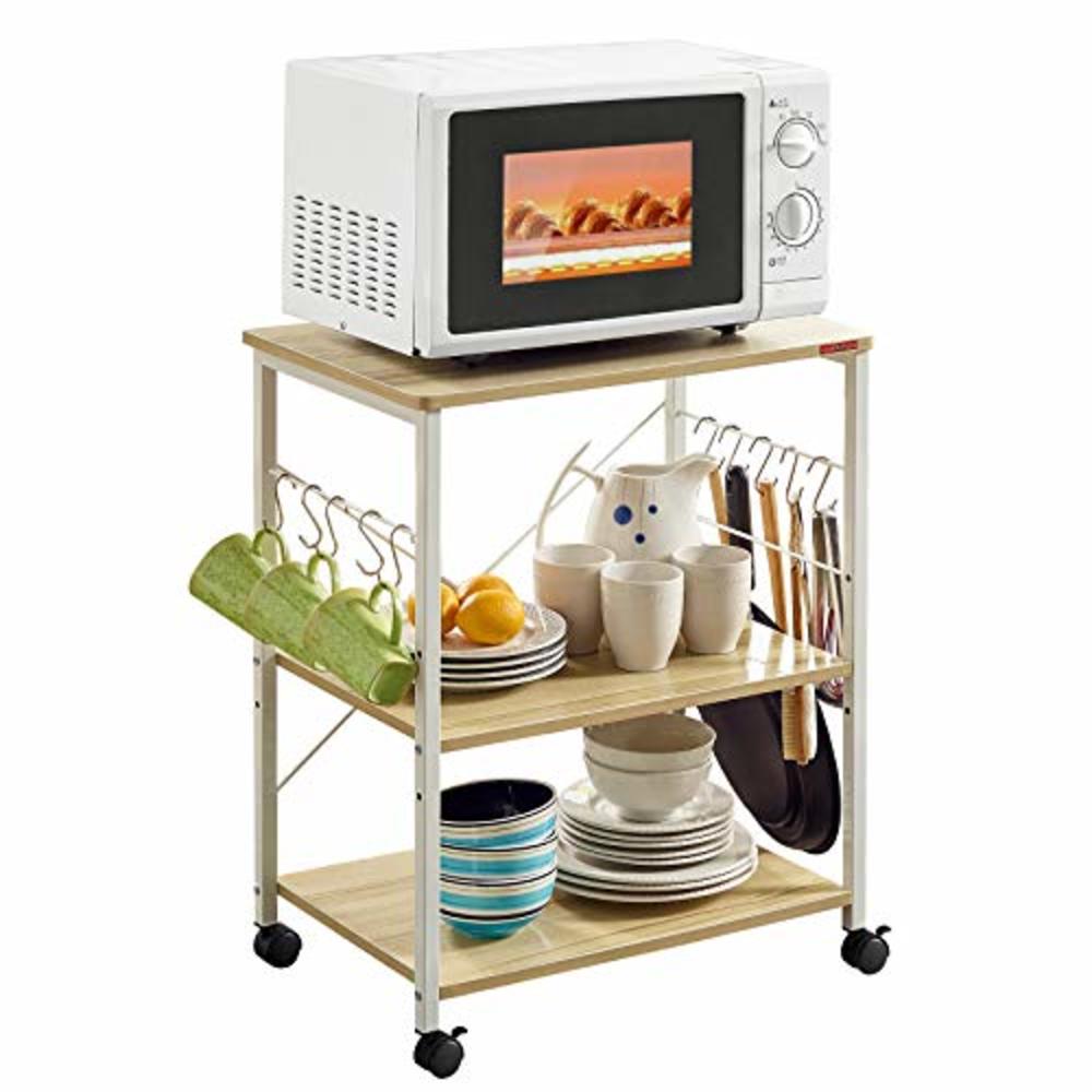 Mr IRONSTONE 3-Tier Kitchen Bakers Rack Utility Microwave Oven Stand Storage Cart Workstation Shelf(Light Beige Top+White Metal 