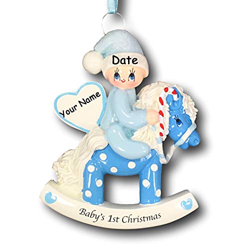 Rudolph and Me Personalized Baby Boys First Christmas Baby on Polka Dot Rocking Horse with Glittered Santa Hat Christmas Tree Ornament with Nam