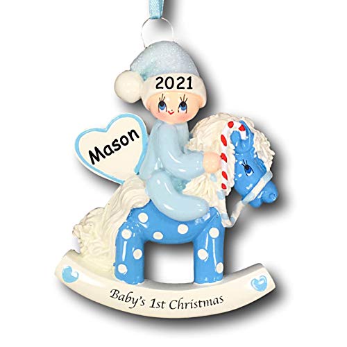 Rudolph and Me Personalized Baby Boys First Christmas Baby on Polka Dot Rocking Horse with Glittered Santa Hat Christmas Tree Ornament with Nam