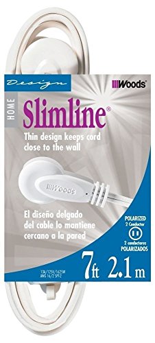 Woods SlimLine 2236 Flat Plug Extension Cord, 2-Wire, 7-Foot, White