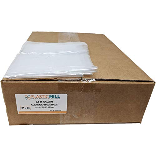 PlasticMill 12-16 Gallon Garbage Bags: Clear, 0.9 MIL, 24x33, 400 Bags.