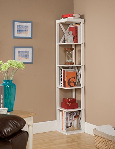Kings Brand Furniture Wood Wall Corner 5 Tier Bookshelf Display Stand, White