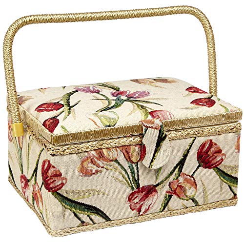 Adolfo Design Sewing Basket with Tulip Floral Print Design- Sewing Kit Storage Box with Removable Tray, Built-in Pin Cushion and Interior Pock