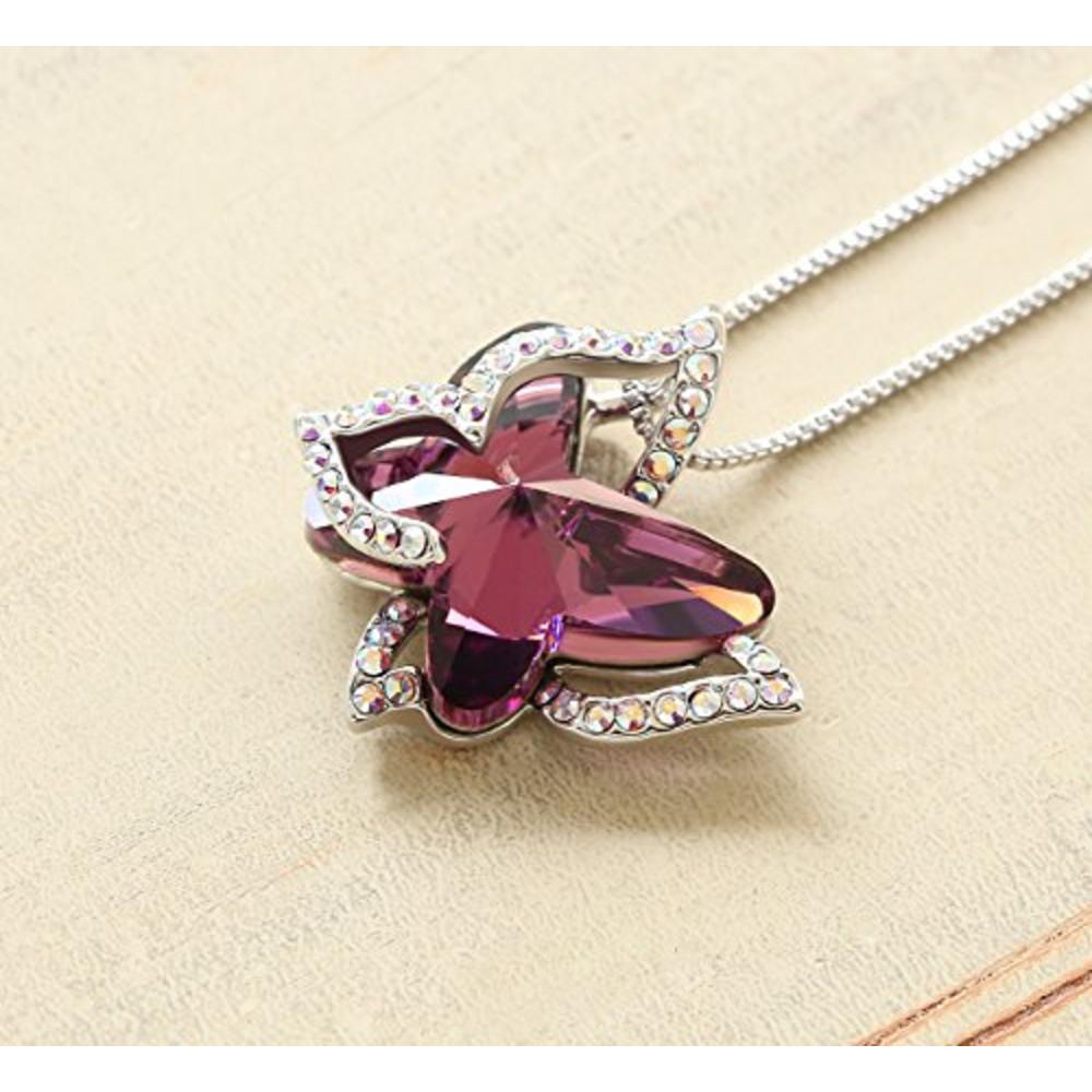 GEMMANCE Butterfly Crystal Necklace with Amethyst Pink Birthstone for February, Silver-Tone, 18?2擟hain