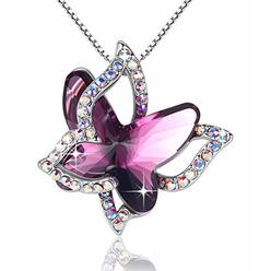 GEMMANCE Butterfly Crystal Necklace with Amethyst Pink Birthstone for February, Silver-Tone, 18?2?hain