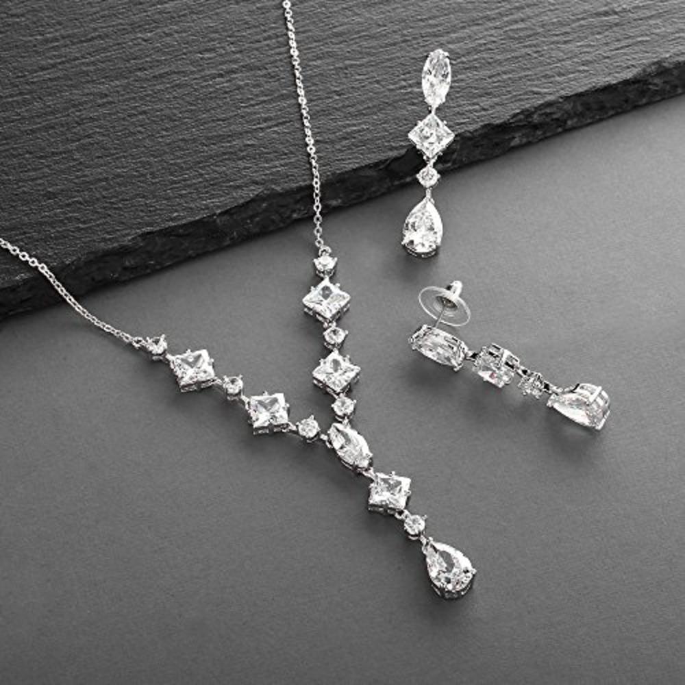 Mariell Silver Platinum Plated Cubic Zirconia Wedding Necklace & Earrings Bridal Jewelry Set for Brides