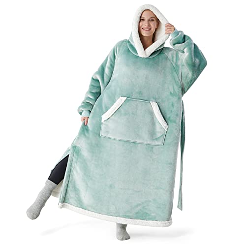 Bedsure Wearable Blanket Hoodie for Teens- Long-Length Hooded Blanket  Sweatshirt with Side Split and Belt, Warm Sherpa Fleece Sw