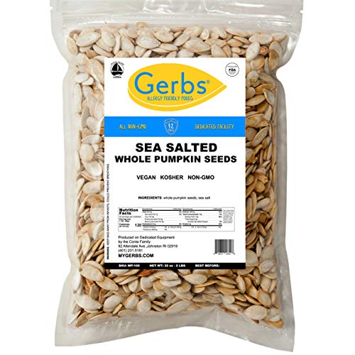 GERBS Sea Salted Whole Pumpkin Seeds, 32 ounce Bag, Roasted, Top 14 Food Allergy Free, Non GMO, Vegan, Keto, Paleo Friendly