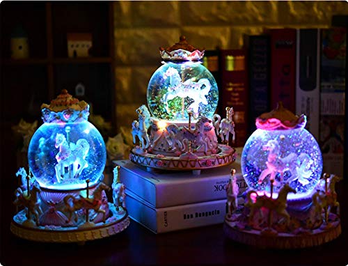 Autker Music Box Unicorn Snow Globe Clockwork Carousel Music Box with 7 Colorful LED Lights Birthday/Christmas/Valentines Day Gi