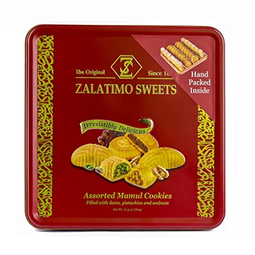 Zalatimo Sweets Since 1860, 100% All-Natural Assorted Mamoul Shortbread Cookies, Square Metal Gift Tin, Slightly Sweet Cookies, 