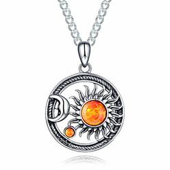 Trensygo 925 Sterling Silver Orange Fire Opal Sun Moon Pendant Necklace for Women Men Boys Girls Wiccan Vintage Cosmic Celestial Hippie S
