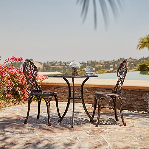 BELLEZE Cast Iron 3 Piece Bistro Set, Weather Resistant Round Outdoor Patio Metal Garden Cafe Dining Table with 2 Chairs, Boho R