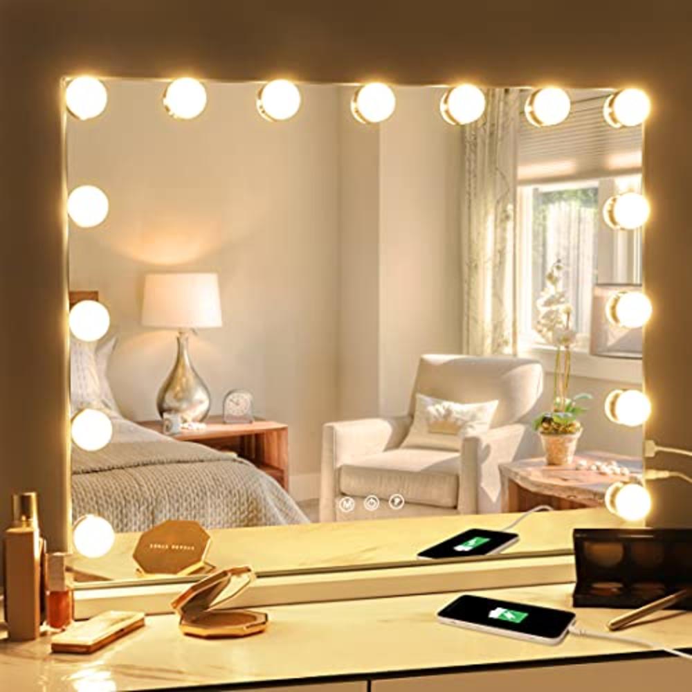 Fenair Vanity Mirror with Lights Hollywood Mirror with 15 LED Dimmable Bulbs 3 Color Lighting Modes Lighted Makeup Mirror with U