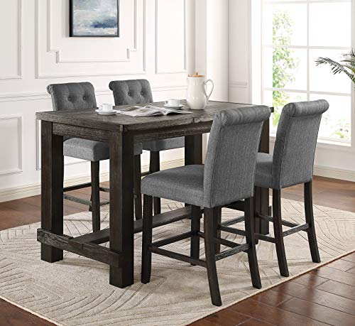 Roundhill Furniture Aneta Antique Black Finished Wood 5-Piece Counter Height Dining Set, Gray