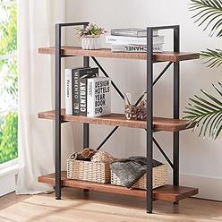 HSH Solid Wood Bookshelf, 3 Tier Rustic Vintage Industrial Etagere Bookcase, Open Metal Farmhouse Book Shelf, Distressed Brown