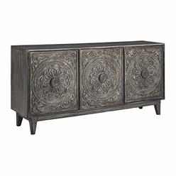 Signature Design by Ashley Fair Ridge Boho Hand Carved Wood Accent Cabinet or TV Stand, Dark Gray