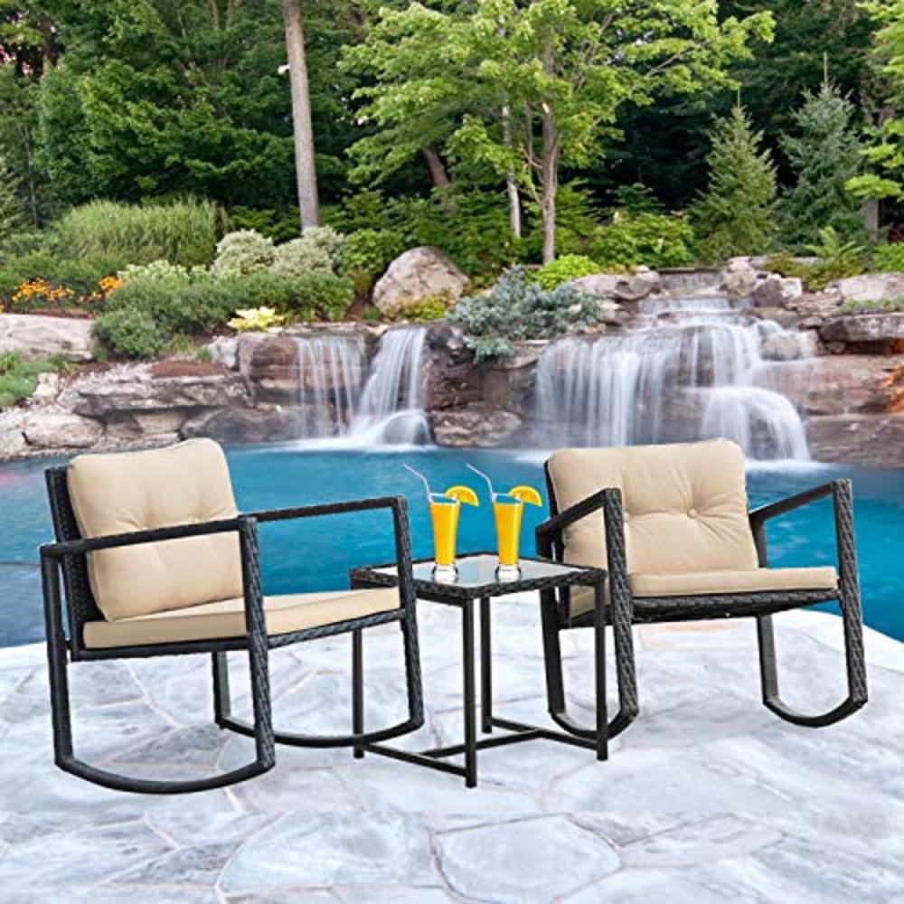 FDW Wicker Patio Furniture Sets Outdoor Bistro Set Rocking Chair 3 Piece Patio Set Rattan Chair Conversation Set for Backyard Po