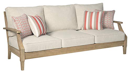 Signature Design by Ashley Clare View Coastal Outdoor Patio Eucalyptus Sofa with Cushions, Beige
