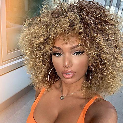 XINRAN 14inch Blonde Afro Curly Wig,Afro Kinky Brown Mixd Blonde Wigs,Synthetic Afro Curly Blonde Wigs for Black Women?Brown to