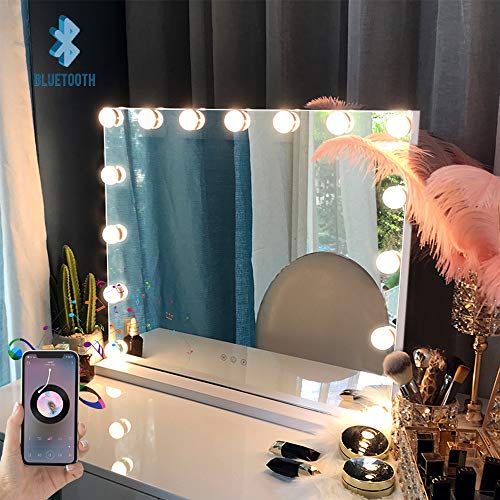 FENCHILIN Large Vanity Mirror with Lights and Blutooth Speaker, Hollywood Lighted Makeup Mirror with 15 Dimmable LED Bulbs for D