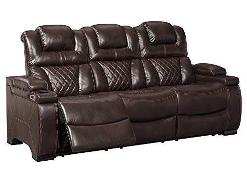 Signature Design by Ashley Warnerton Faux Leather Power Reclining Sofa with Adjustable Headrest, Brown