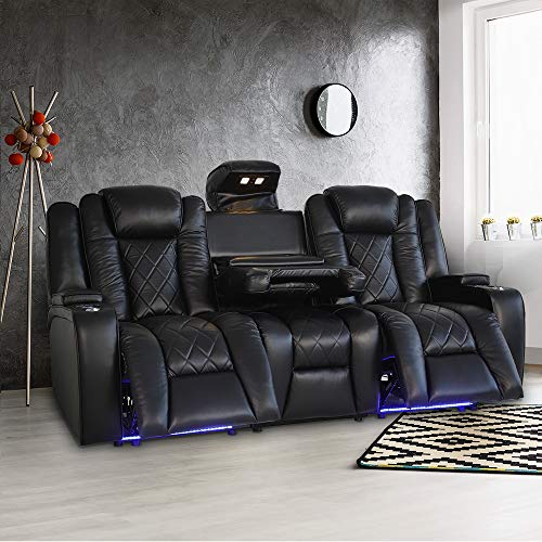 VALENCIA THEATER SEA Valencia Oxford Home Theater Seating | 11000 Top Grain Black Leather, Power Recliner, with Drop Down Center Console (Row of 3)