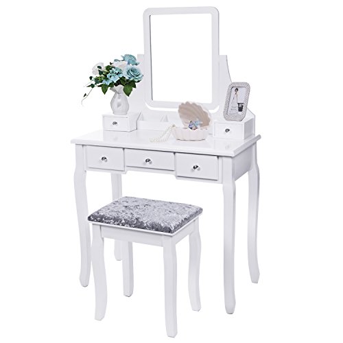 BEWISHOME Vanity Set with Mirror & Cushioned Stool Dressing Table Vanity Makeup Table 5 Drawers 2 Dividers Movable Organizers Wh
