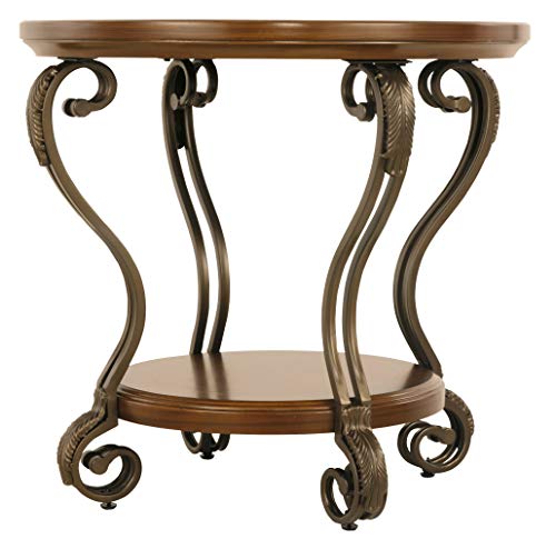 Signature Design by Ashley Nestor Traditional Hand-Finished Round End Table with 1 Fixed Shelf, Dark Brown