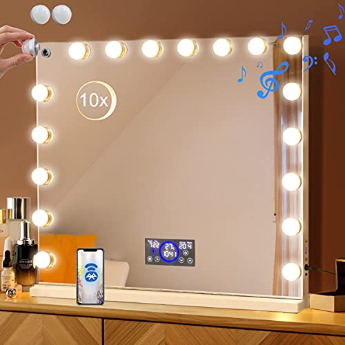 Fenair Large Makeup Mirror Bluetooth with 18 LED Detachable Bulbs Stepless Dimming Lights 3 Colour Mode LCD Screen Date Week Tim