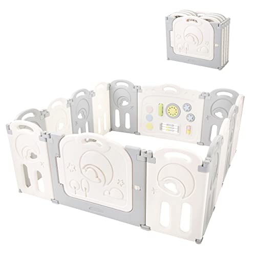Fortella Cloud Castle Foldable Playpen, Baby Safety Play Yard with Whiteboard and Activity Wall, Indoors or Outdoors (14 Panel)