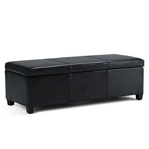 SIMPLIHOME Avalon 48 inch Wide Rectangle Lift Top Storage Ottoman Bench in Upholstered Midnight Black Faux Leather with Large St
