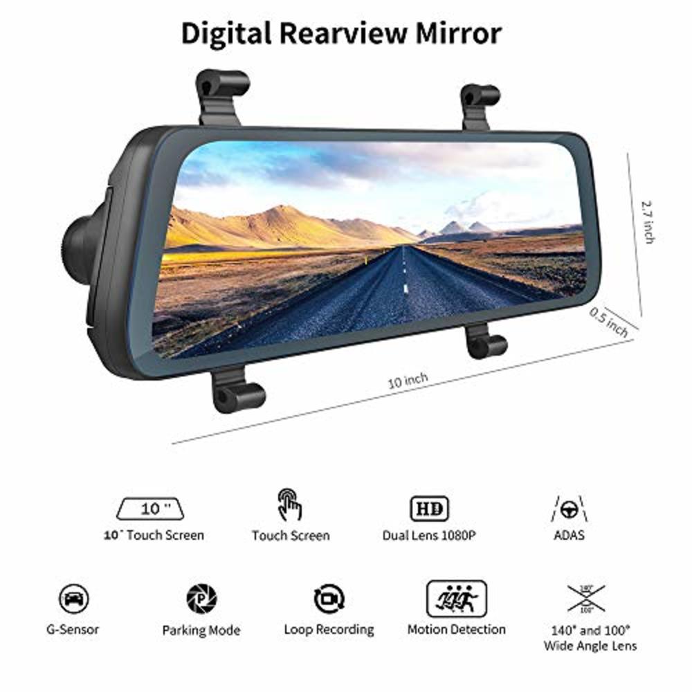 Acumen Mirror Dash Cam Digital Rear View Mirror 10 Touch Screen, Dual Lens 1080P Full HD Cameras Parking Mode G-Sensor Loop-Reco