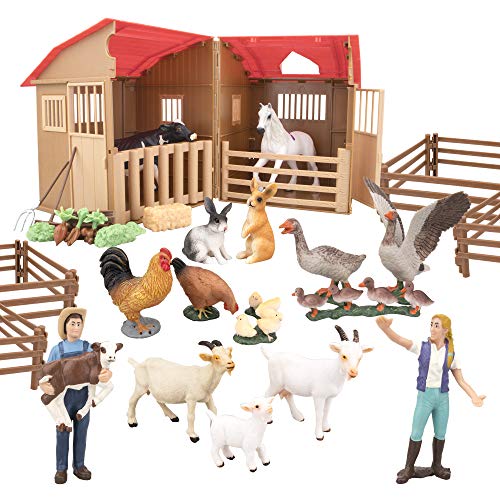 TOYMANY 40PCS Farm Animals Figures Playset with Barn House Fence, Learning Toy  Farm Figurines Set with Farmers Horse Cow Hen & F