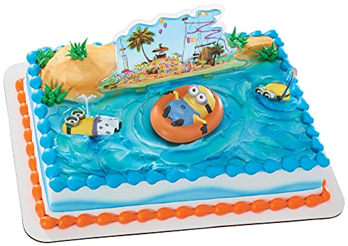DecoPac DecoSet® Despicable Me Beach Party Minions Cake Topper, 4-Piece Set with Keepsake Minion Figure, 2 Layon Picks,1 Laydown Image, 