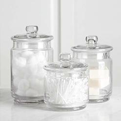 Whole Housewares Clear Glass Apothecary Jars-Cotton Jar-Bathroom Storage Organizer Canisters Set of 3